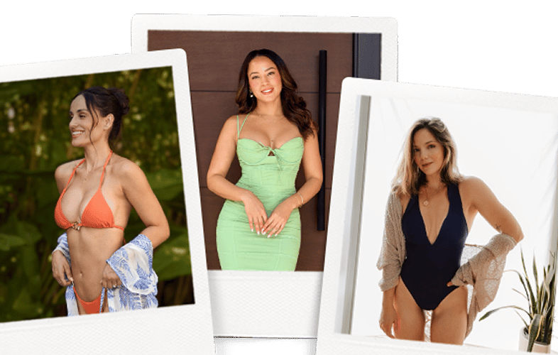 Collage of three polaroid-style photos featuring women modeling a bikini, a fitted green dress, and a black one-piece outfit