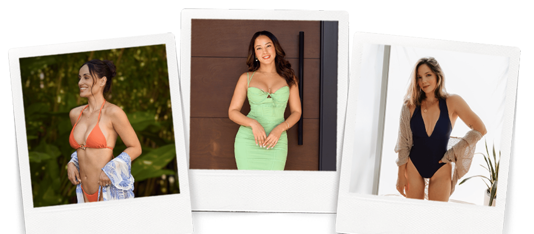 Collage of three polaroid-style photos featuring women modeling a bikini, a fitted green dress, and a black one-piece outfit